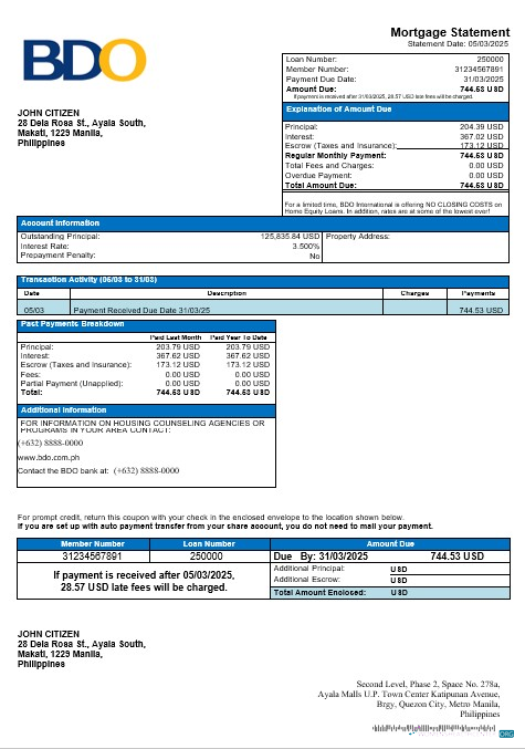 Download Philippines BDO mortgage statement in Word and PDF format Photoshop template